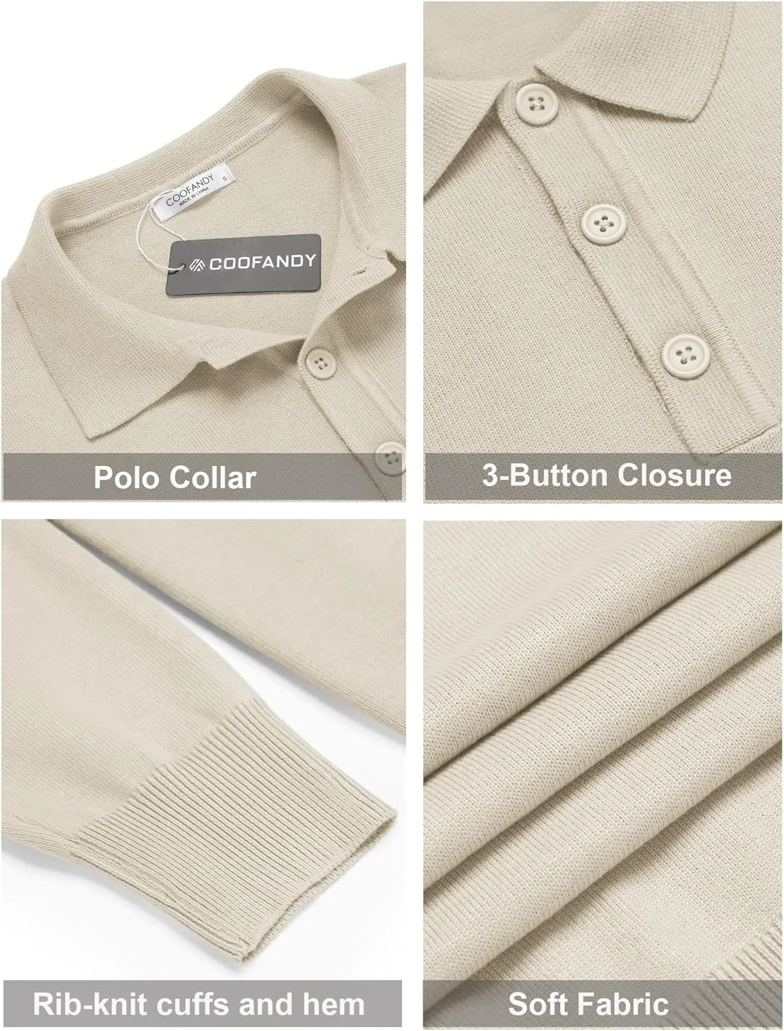 COOFANDY Mens Knit Polo Shirts Casual Long Sleeve Classic Polo Shirts Button Down Golf Shirts