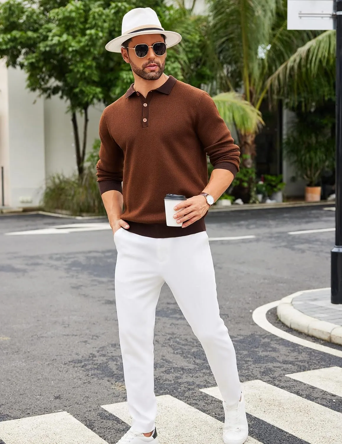 COOFANDY Mens Knit Polo Shirts Casual Long Sleeve Classic Polo Shirts Button Down Golf Shirts