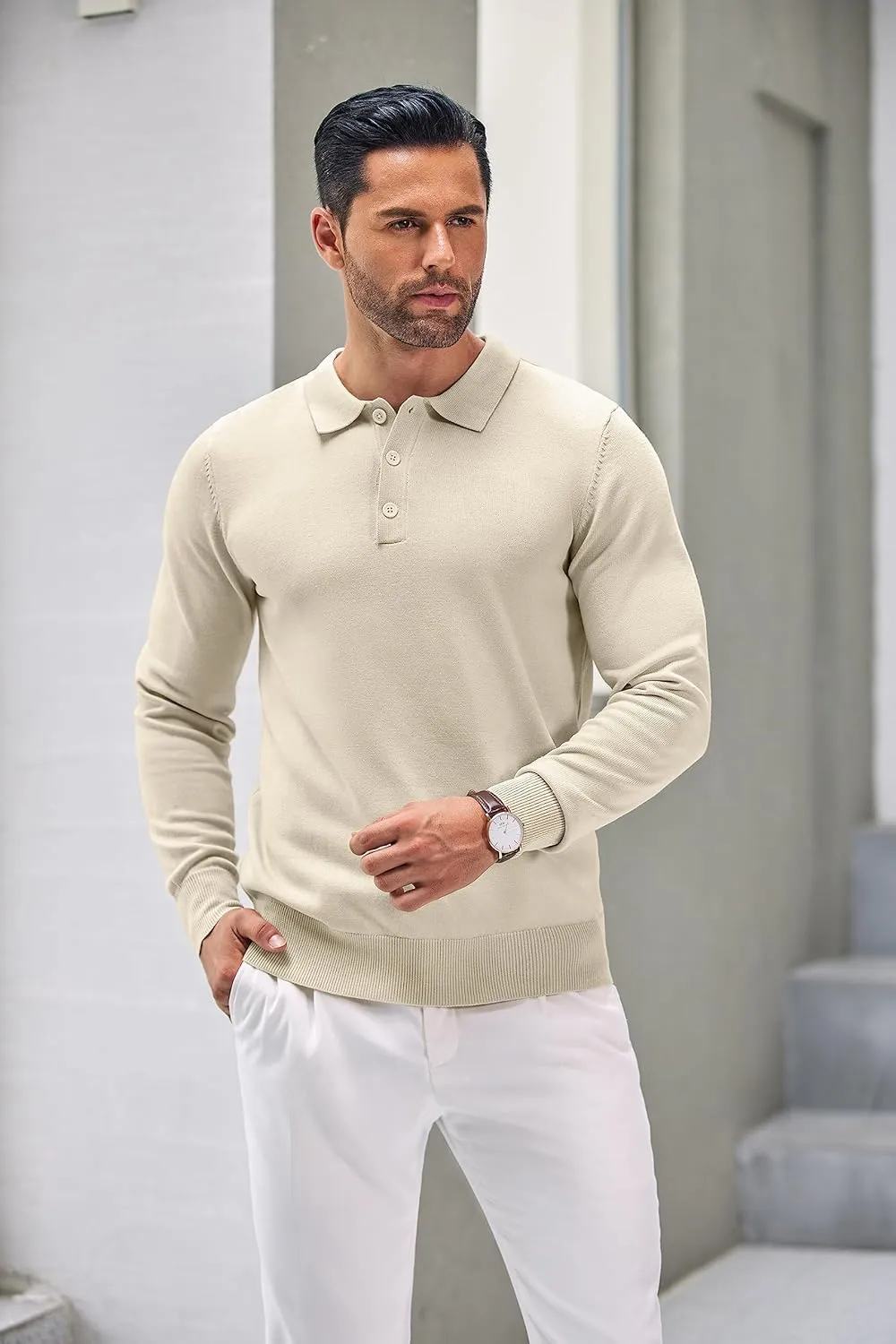COOFANDY Mens Knit Polo Shirts Casual Long Sleeve Classic Polo Shirts Button Down Golf Shirts