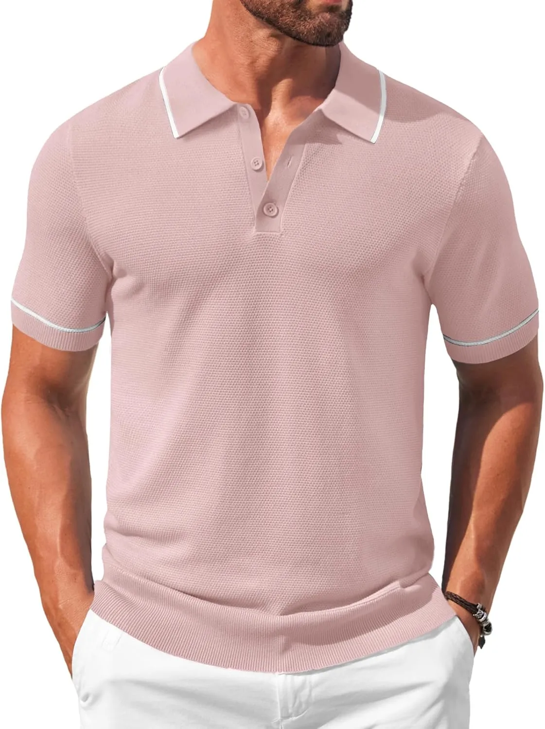 COOFANDY Men's Knit Polo Shirts Casual Short Sleeve Button Down Shirts Crochet Classic Golf Polo Collared Shirts