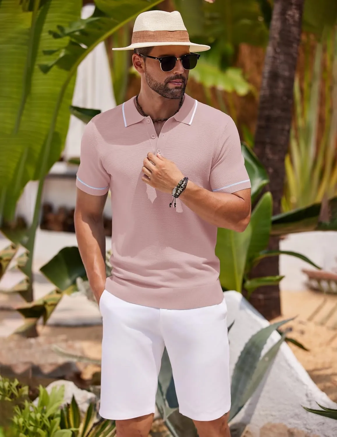 COOFANDY Men's Knit Polo Shirts Casual Short Sleeve Button Down Shirts Crochet Classic Golf Polo Collared Shirts