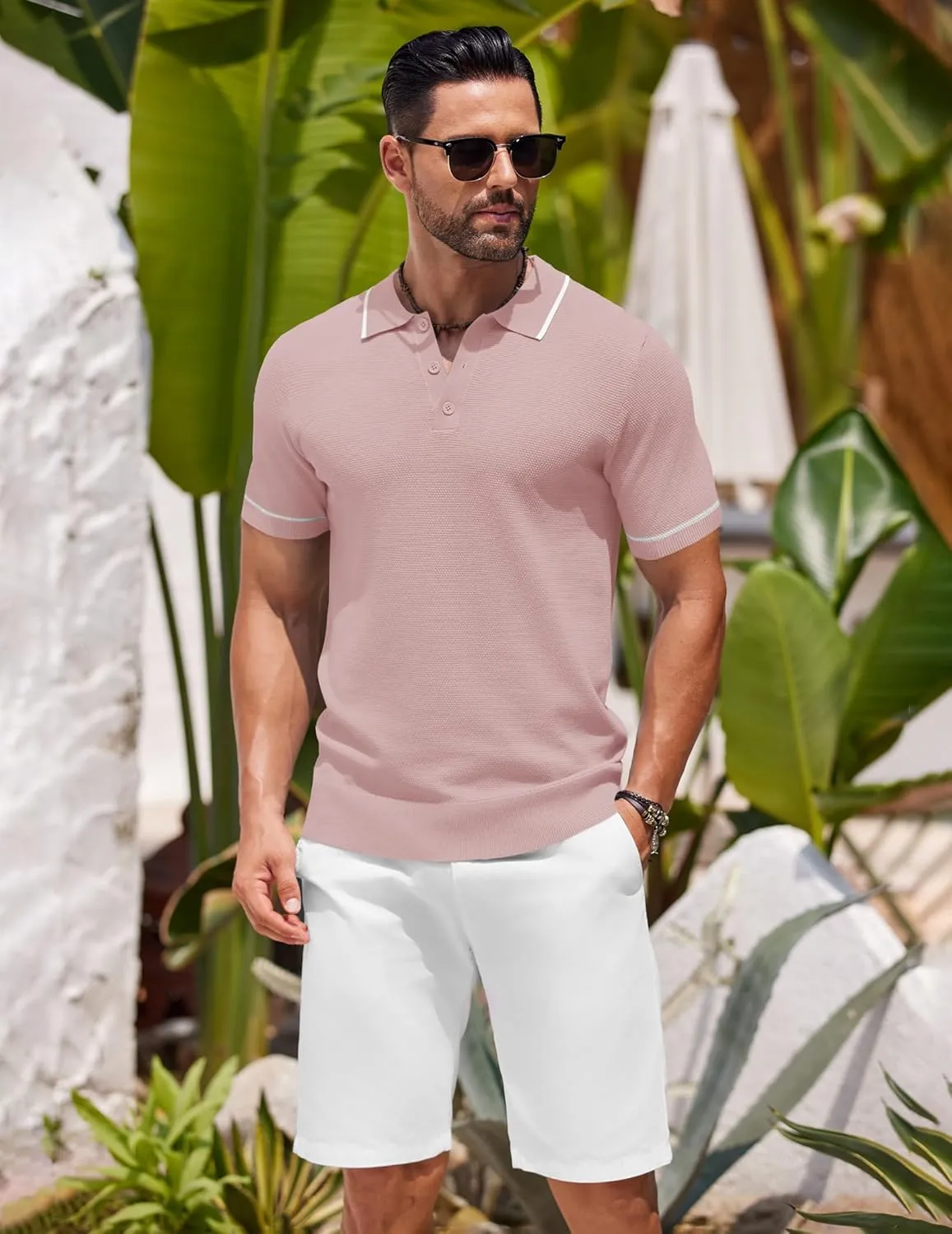 COOFANDY Men's Knit Polo Shirts Casual Short Sleeve Button Down Shirts Crochet Classic Golf Polo Collared Shirts