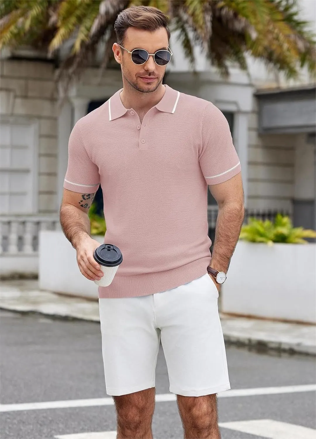 COOFANDY Men's Knit Polo Shirts Casual Short Sleeve Button Down Shirts Crochet Classic Golf Polo Collared Shirts