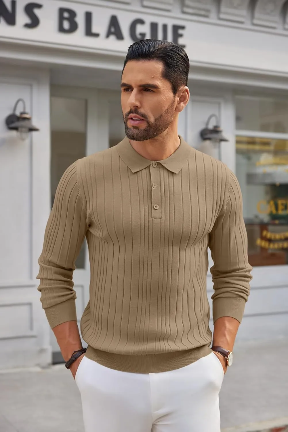 COOFANDY Men's Knit Polo Shirts Long Sleeve Casual Button Down Ribbed Polo Shirt Fashion Golf Shirts