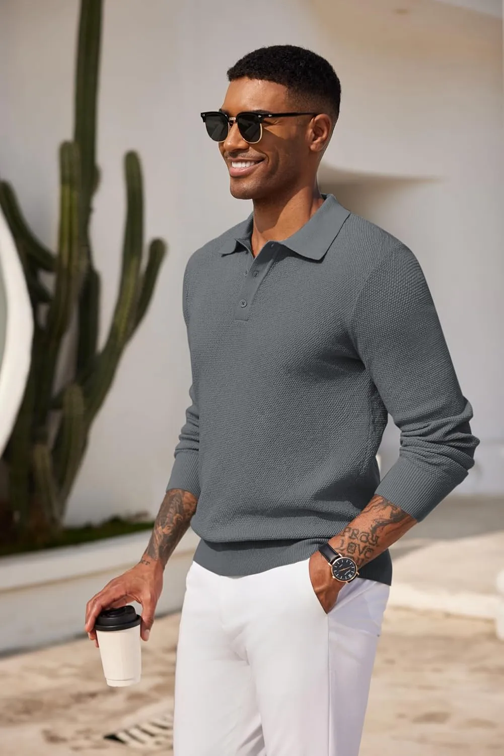 COOFANDY Mens Knit Polo Shirts Long Sleeve Casual Polo Sweaters Shirt Waffle Textured Collared Sweater