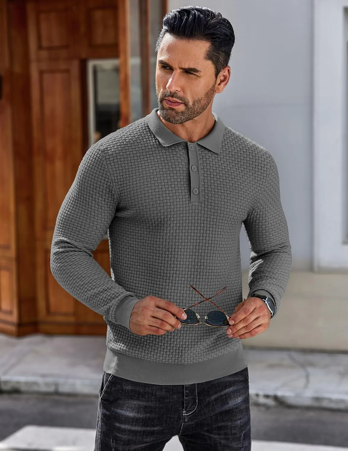 COOFANDY Men's Knit Polo Shirts Long Sleeve Sweater Polo Lightweight Fashion Casual Collared T Shirts