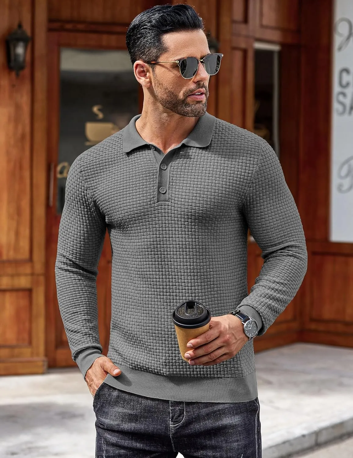 COOFANDY Men's Knit Polo Shirts Long Sleeve Sweater Polo Lightweight Fashion Casual Collared T Shirts