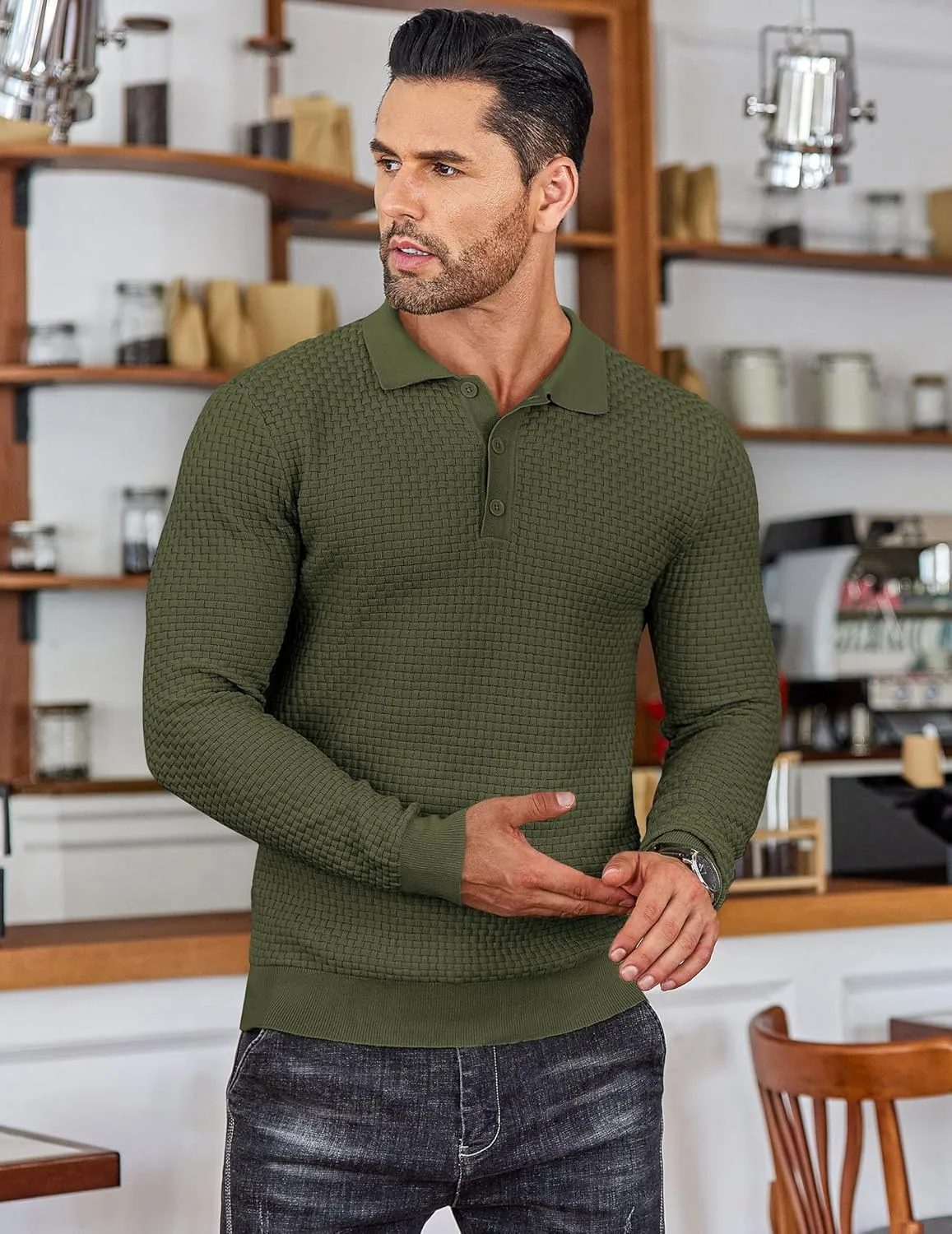 COOFANDY Men's Knit Polo Shirts Long Sleeve Sweater Polo Lightweight Fashion Casual Collared T Shirts