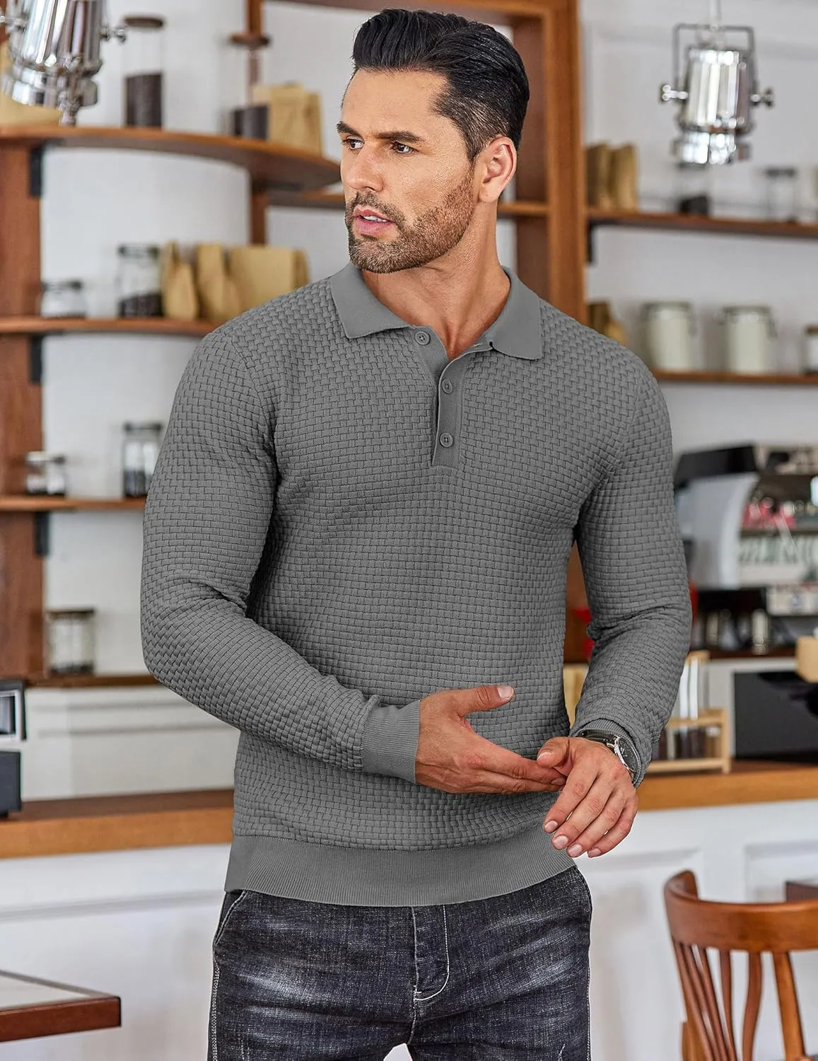 COOFANDY Men's Knit Polo Shirts Long Sleeve Sweater Polo Lightweight Fashion Casual Collared T Shirts