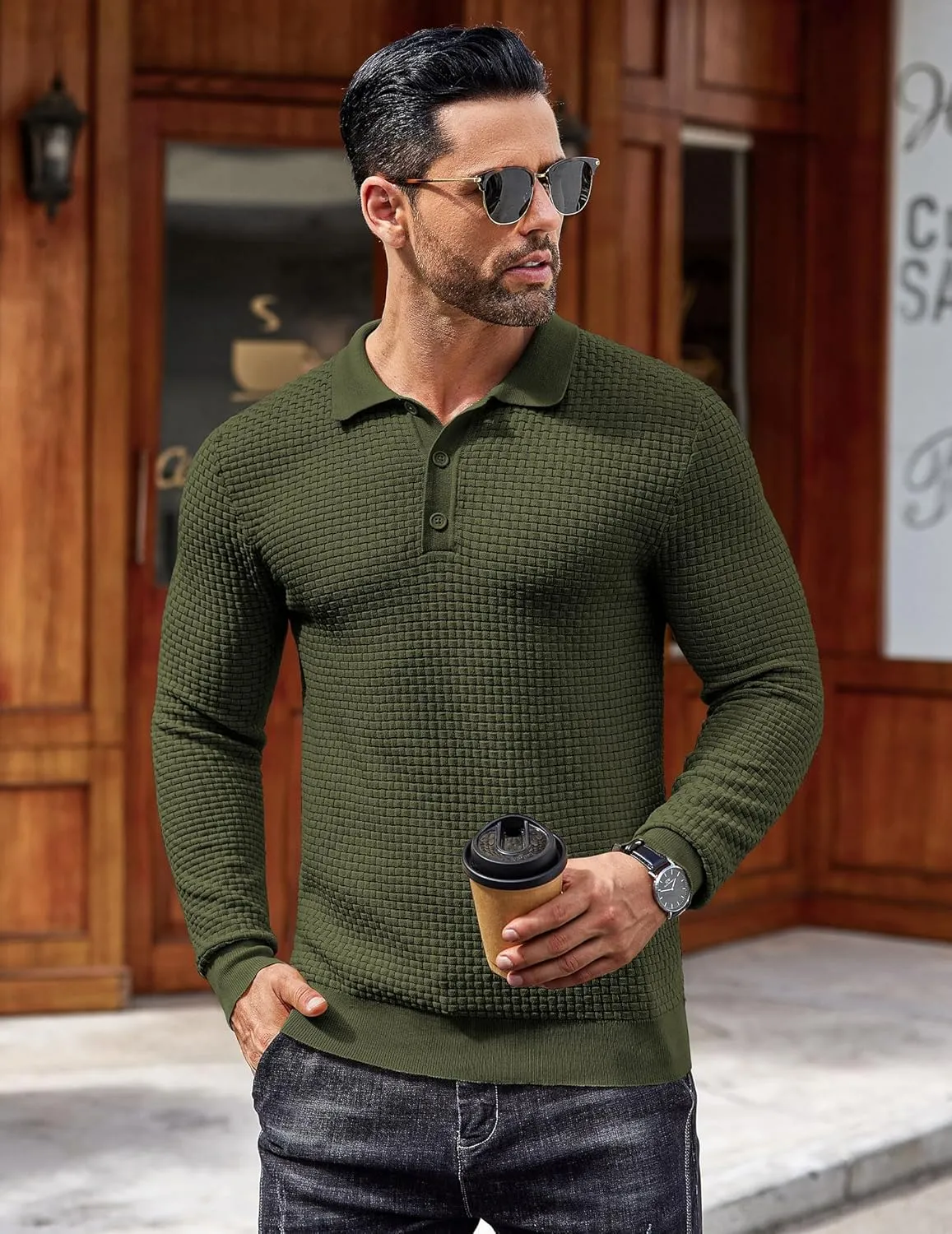 COOFANDY Men's Knit Polo Shirts Long Sleeve Sweater Polo Lightweight Fashion Casual Collared T Shirts