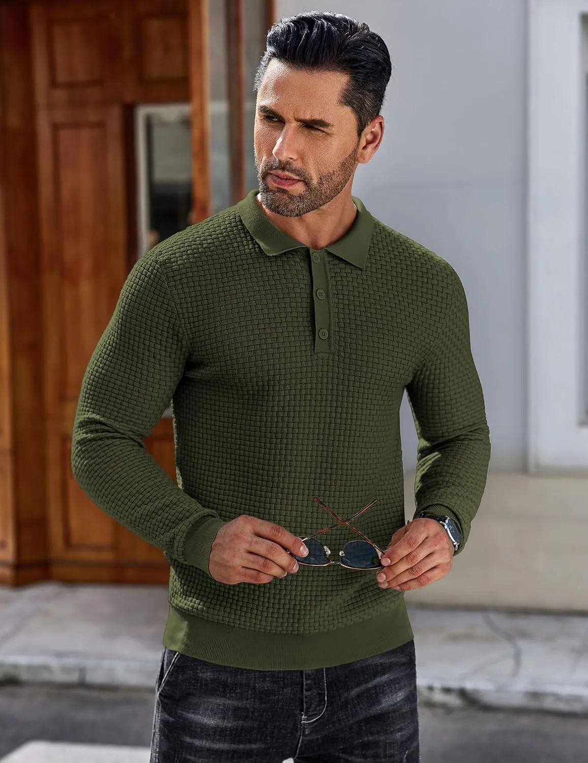 COOFANDY Men's Knit Polo Shirts Long Sleeve Sweater Polo Lightweight Fashion Casual Collared T Shirts