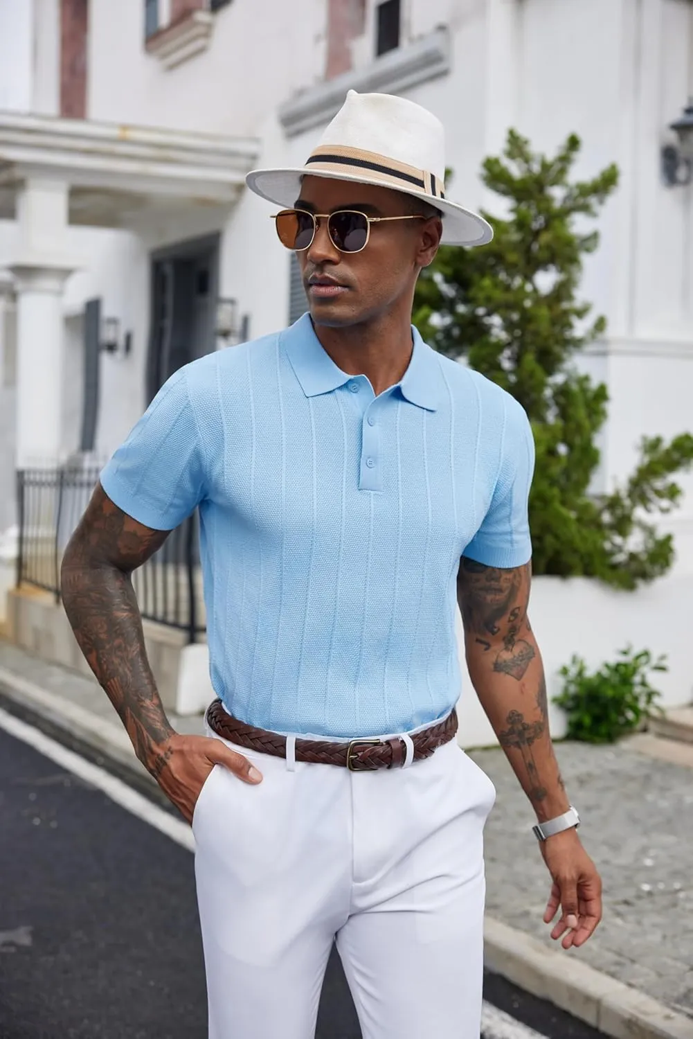 COOFANDY Mens Knit Polo Shirts Short Sleeve Ribbed Textured Polo Shirt Lightweight Casual Golf Shirts Collared T Shirt