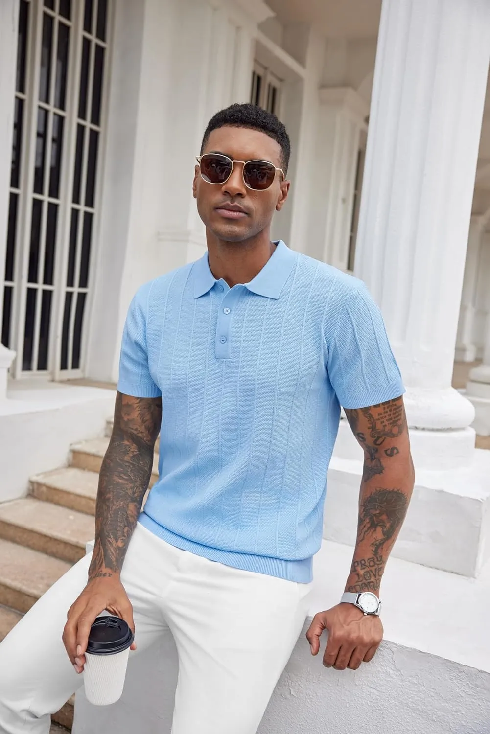 COOFANDY Mens Knit Polo Shirts Short Sleeve Ribbed Textured Polo Shirt Lightweight Casual Golf Shirts Collared T Shirt