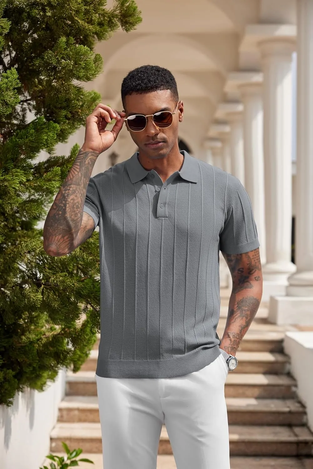 COOFANDY Mens Knit Polo Shirts Short Sleeve Ribbed Textured Polo Shirt Lightweight Casual Golf Shirts Collared T Shirt