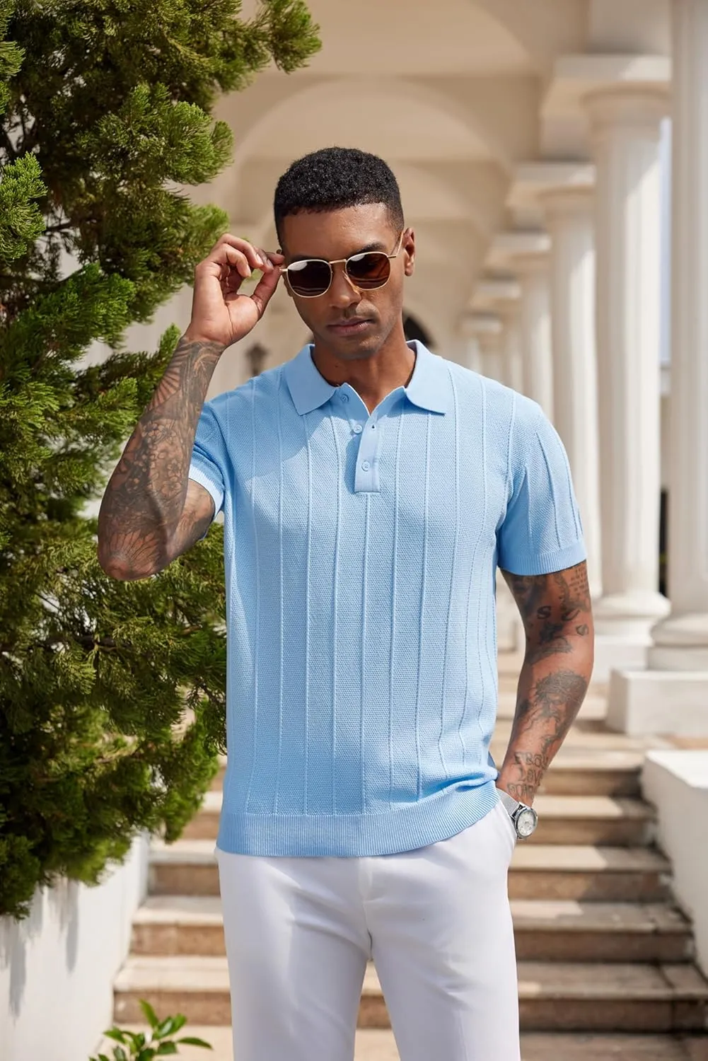COOFANDY Mens Knit Polo Shirts Short Sleeve Ribbed Textured Polo Shirt Lightweight Casual Golf Shirts Collared T Shirt