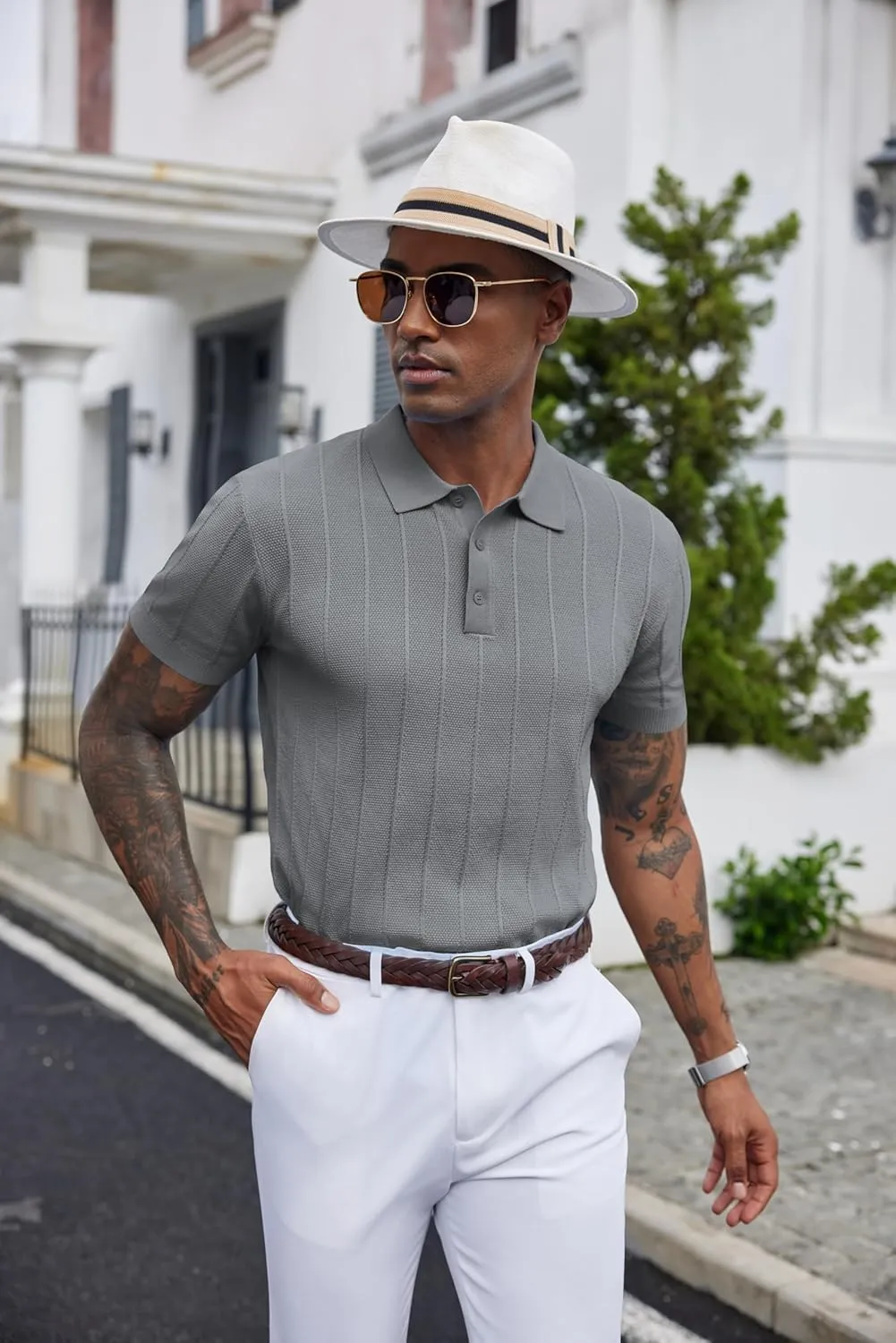 COOFANDY Mens Knit Polo Shirts Short Sleeve Ribbed Textured Polo Shirt Lightweight Casual Golf Shirts Collared T Shirt