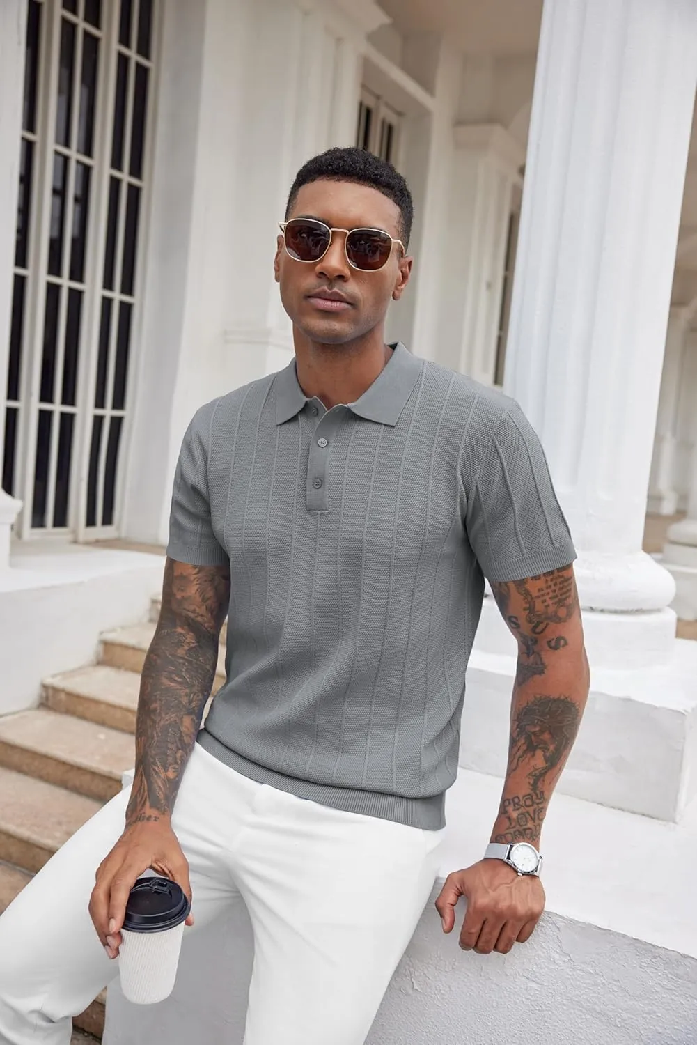 COOFANDY Mens Knit Polo Shirts Short Sleeve Ribbed Textured Polo Shirt Lightweight Casual Golf Shirts Collared T Shirt