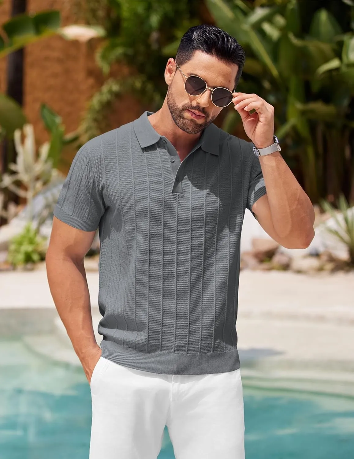 COOFANDY Mens Knit Polo Shirts Short Sleeve Ribbed Textured Polo Shirt Lightweight Casual Golf Shirts Collared T Shirt