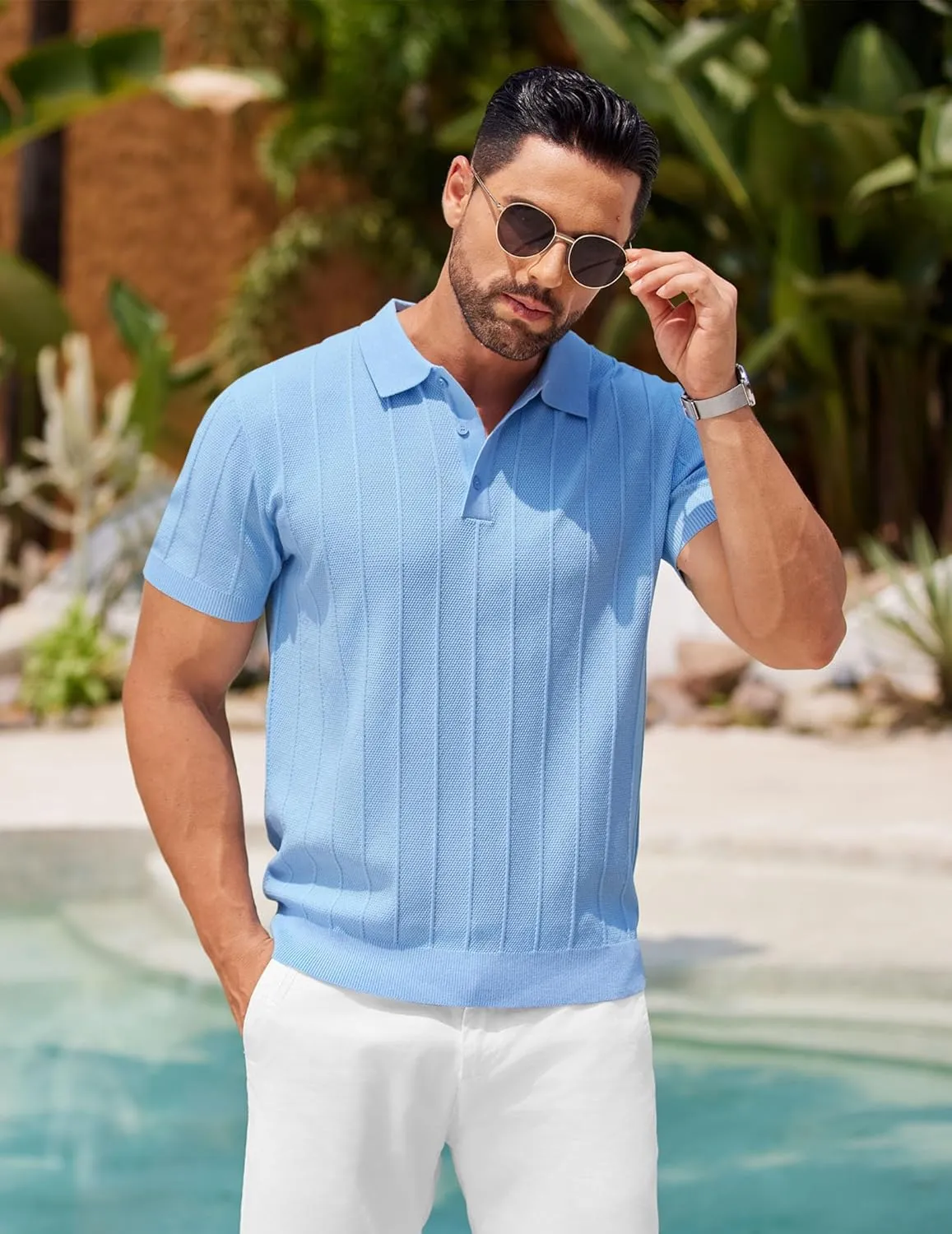 COOFANDY Mens Knit Polo Shirts Short Sleeve Ribbed Textured Polo Shirt Lightweight Casual Golf Shirts Collared T Shirt