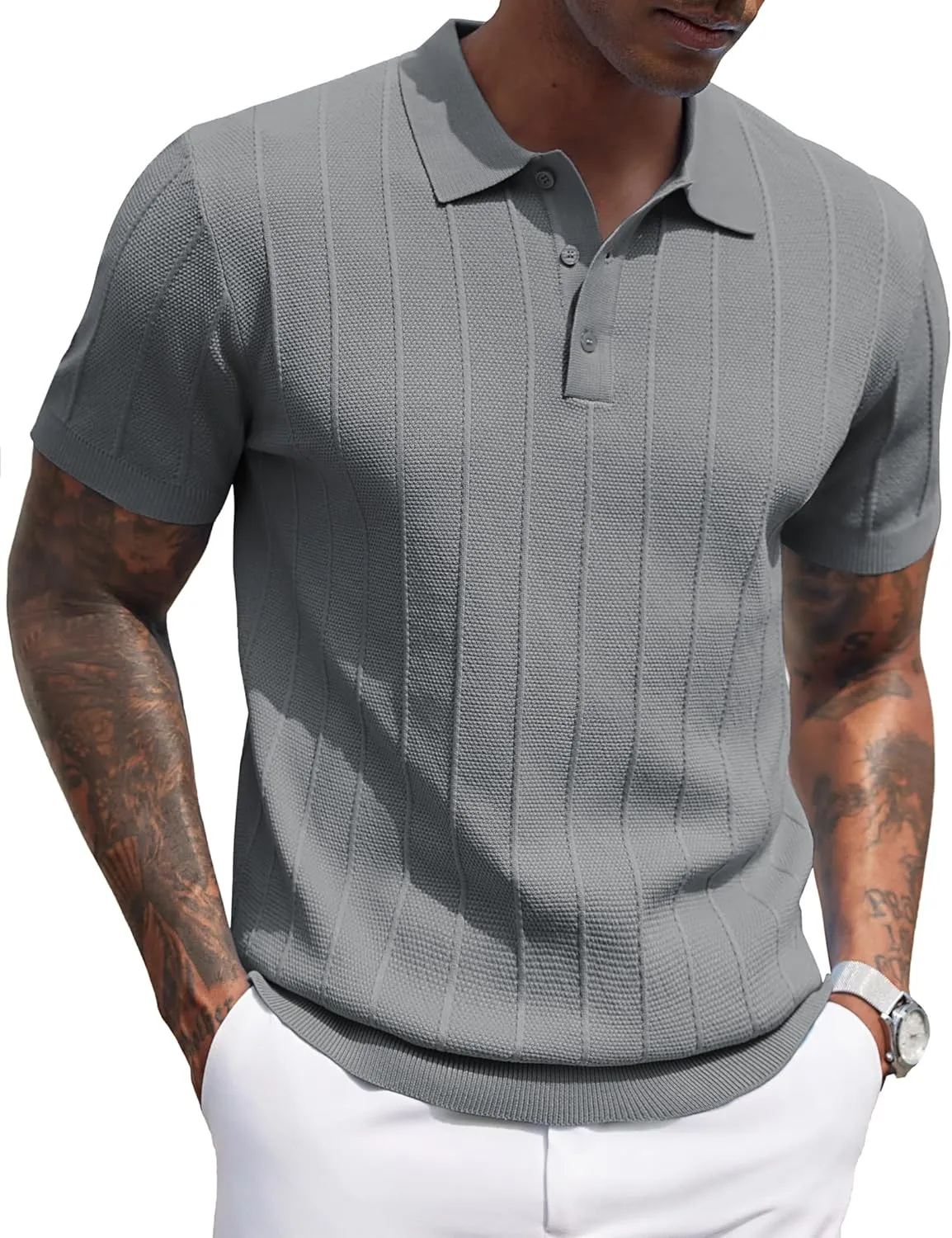 COOFANDY Mens Knit Polo Shirts Short Sleeve Ribbed Textured Polo Shirt Lightweight Casual Golf Shirts Collared T Shirt