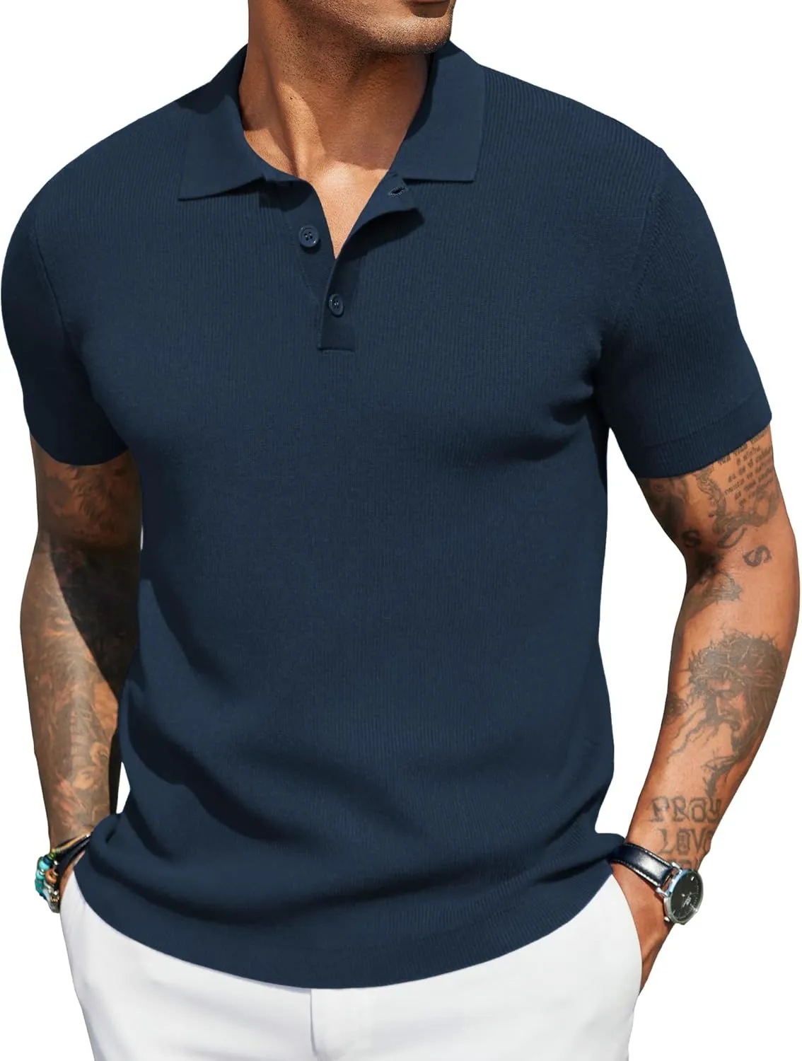 COOFANDY Mens Slim Fit Knit Polo Shirts Business Lightweight Polo Sweater Casual Summer Ribbed Textured Collared T Shirt
