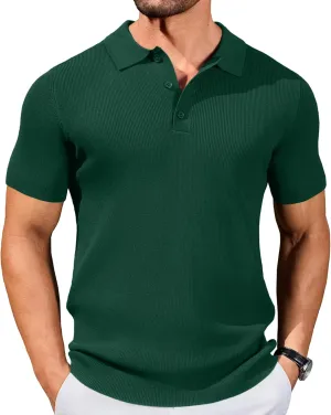 COOFANDY Mens Slim Fit Knit Polo Shirts Business Lightweight Polo Sweater Casual Summer Ribbed Textured Collared T Shirt