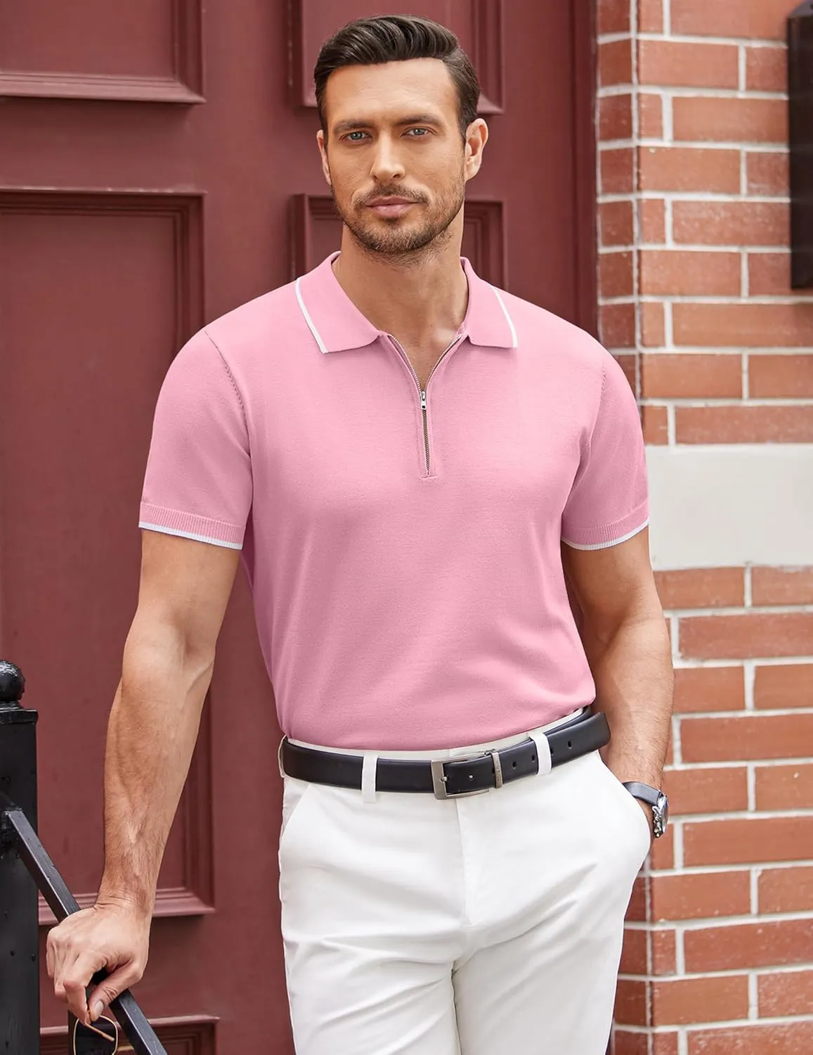 COOFANDY Men's Zipper Polo Shirt Casual Knit Short Sleeve Polo T Shirt Classic Fit Shirts