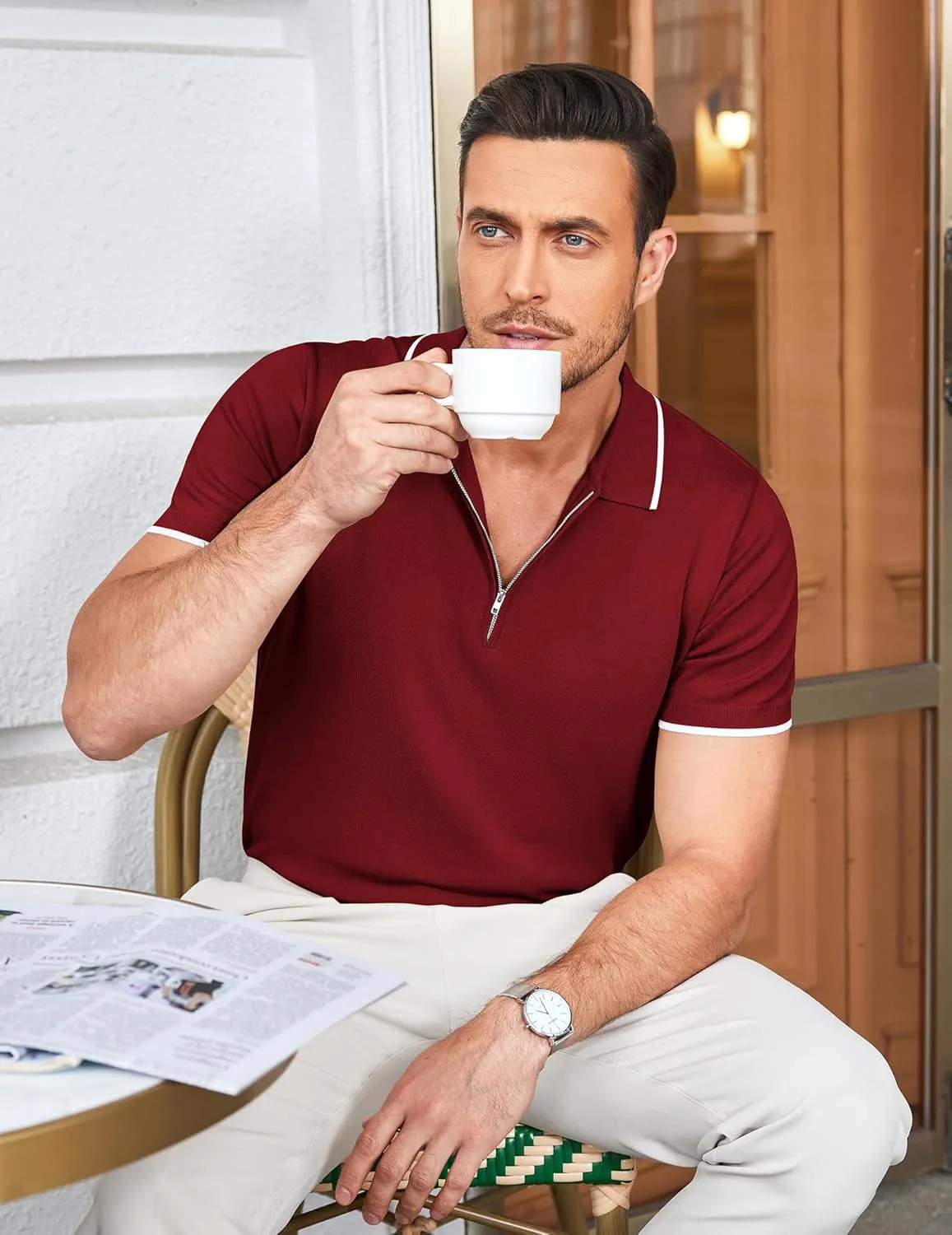 COOFANDY Men's Zipper Polo Shirt Casual Knit Short Sleeve Polo T Shirt Classic Fit Shirts