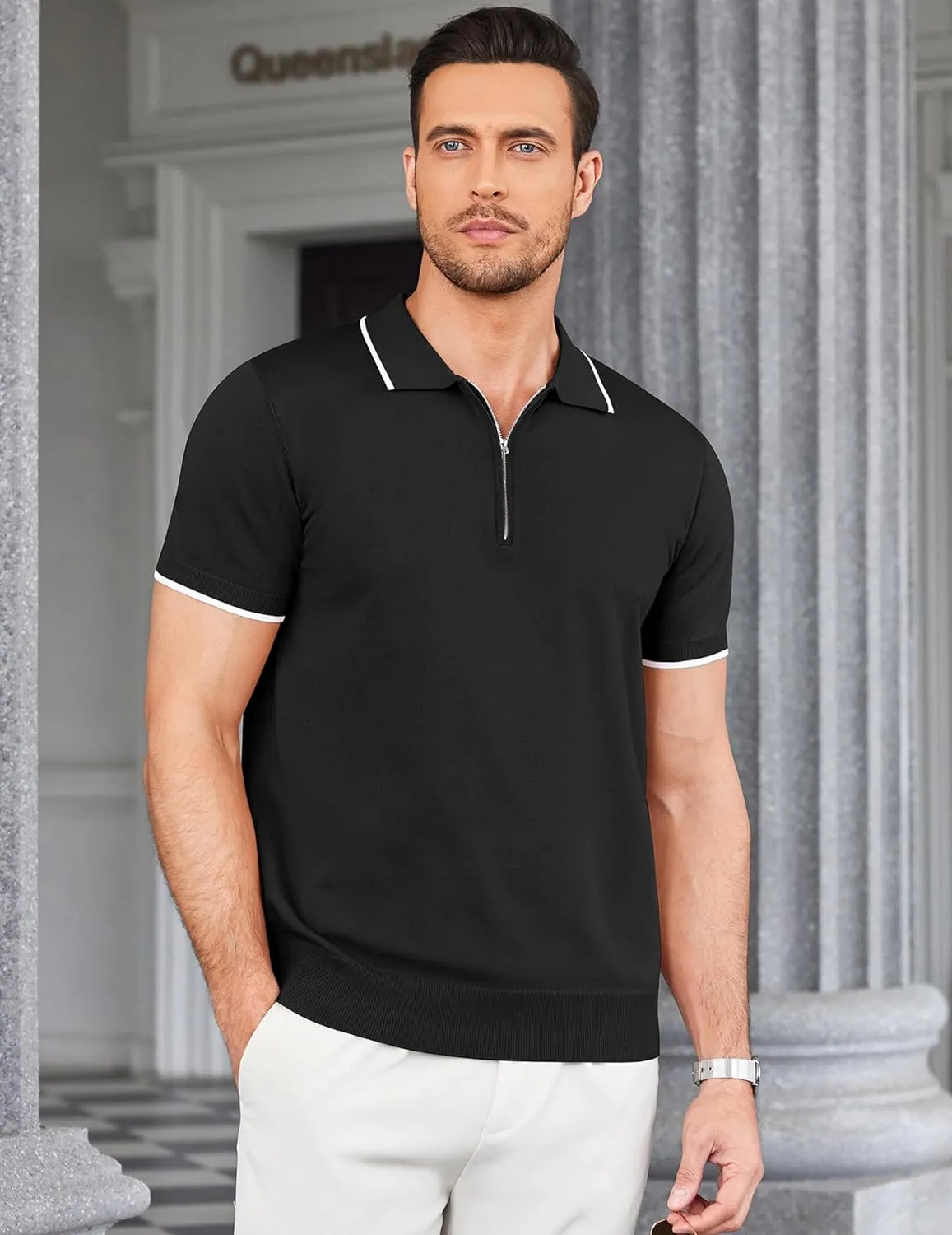 COOFANDY Men's Zipper Polo Shirt Casual Knit Short Sleeve Polo T Shirt Classic Fit Shirts