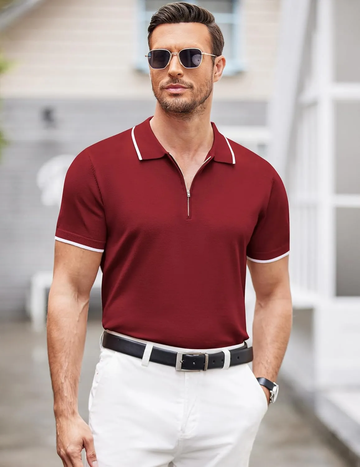 COOFANDY Men's Zipper Polo Shirt Casual Knit Short Sleeve Polo T Shirt Classic Fit Shirts