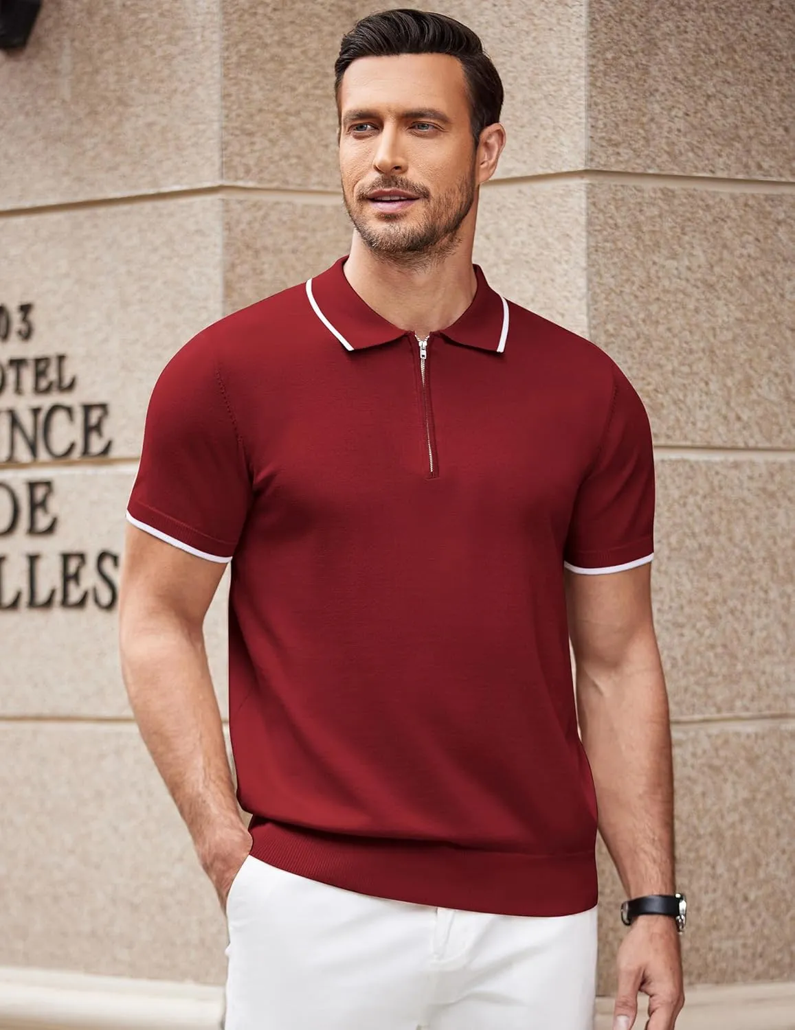 COOFANDY Men's Zipper Polo Shirt Casual Knit Short Sleeve Polo T Shirt Classic Fit Shirts