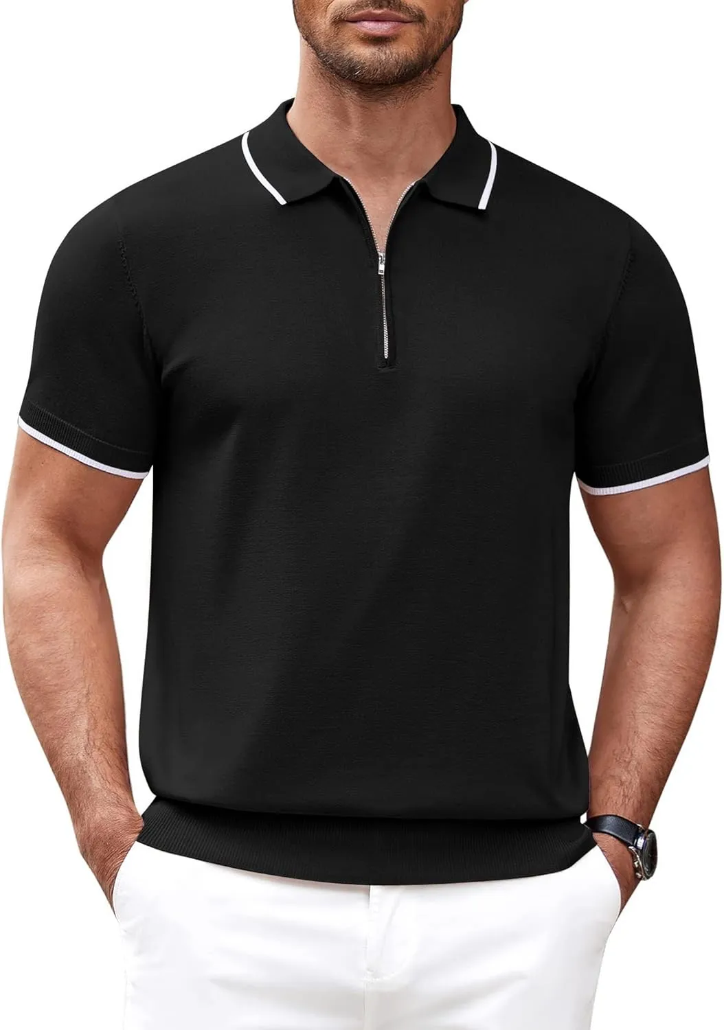 COOFANDY Men's Zipper Polo Shirt Casual Knit Short Sleeve Polo T Shirt Classic Fit Shirts