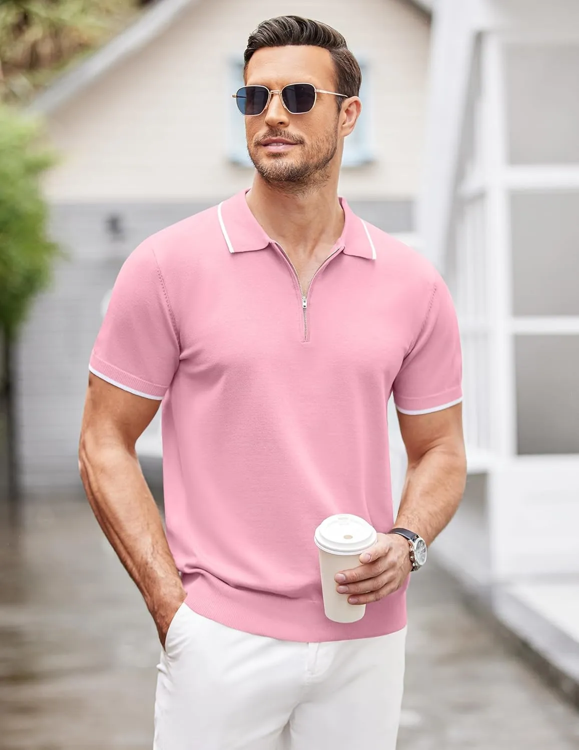 COOFANDY Men's Zipper Polo Shirt Casual Knit Short Sleeve Polo T Shirt Classic Fit Shirts