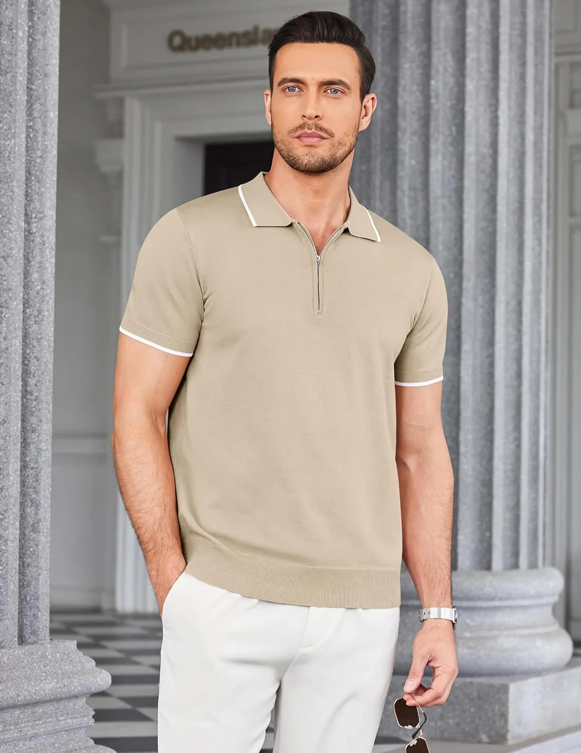 COOFANDY Men's Zipper Polo Shirt Casual Knit Short Sleeve Polo T Shirt Classic Fit Shirts
