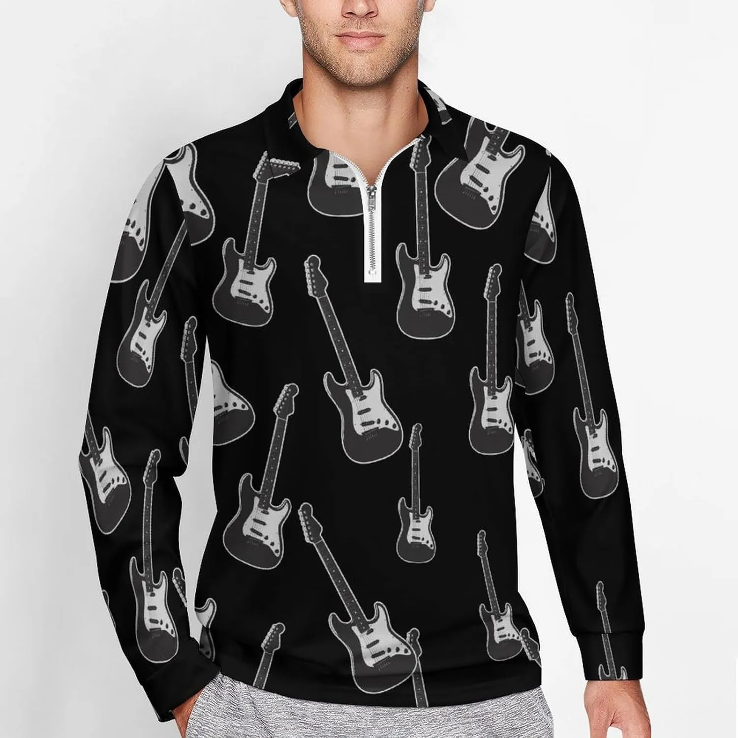Cool Bass Guitar Men's Zipped Long Sleeve Casual Sweatshirt Quick Dry Sports Outdoor Golf Tennis Shirt