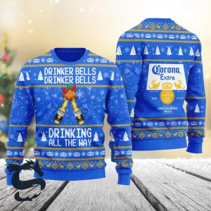 Corona Beer Drinker Bells Drinking All The Way Christmas Ugly Sweater