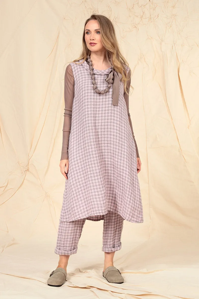 Cowl Neck Pink Check Linen Midi Dress