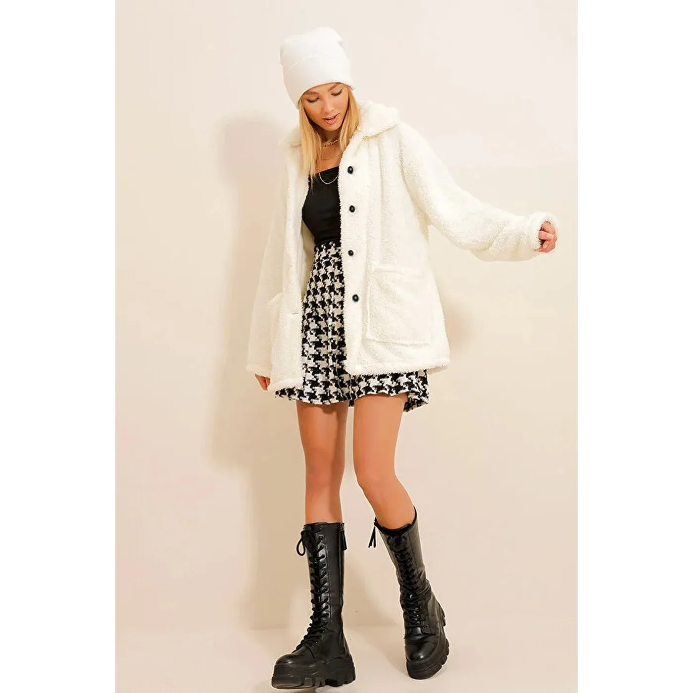 Cream Fur Long Button Down Jacket