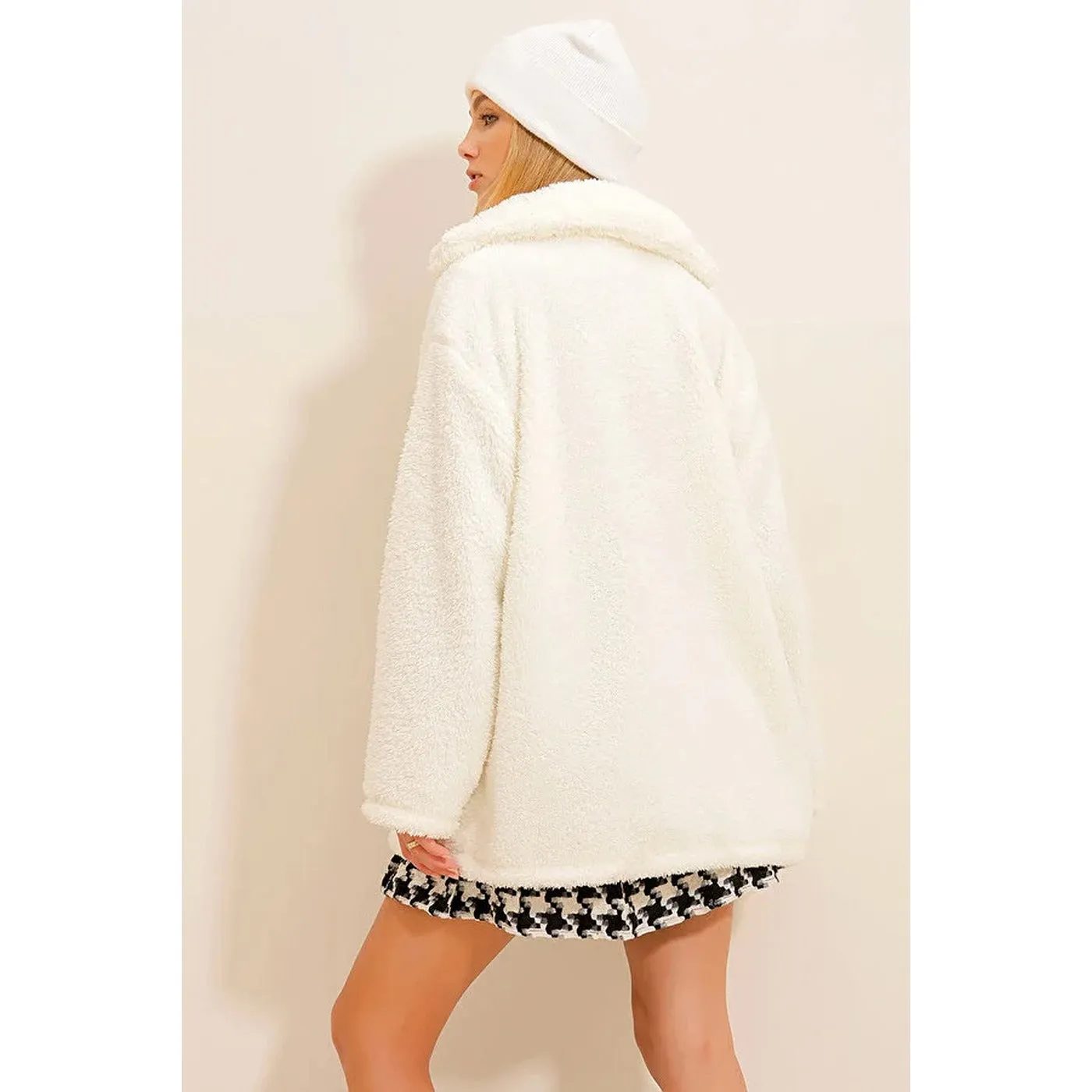 Cream Fur Long Button Down Jacket