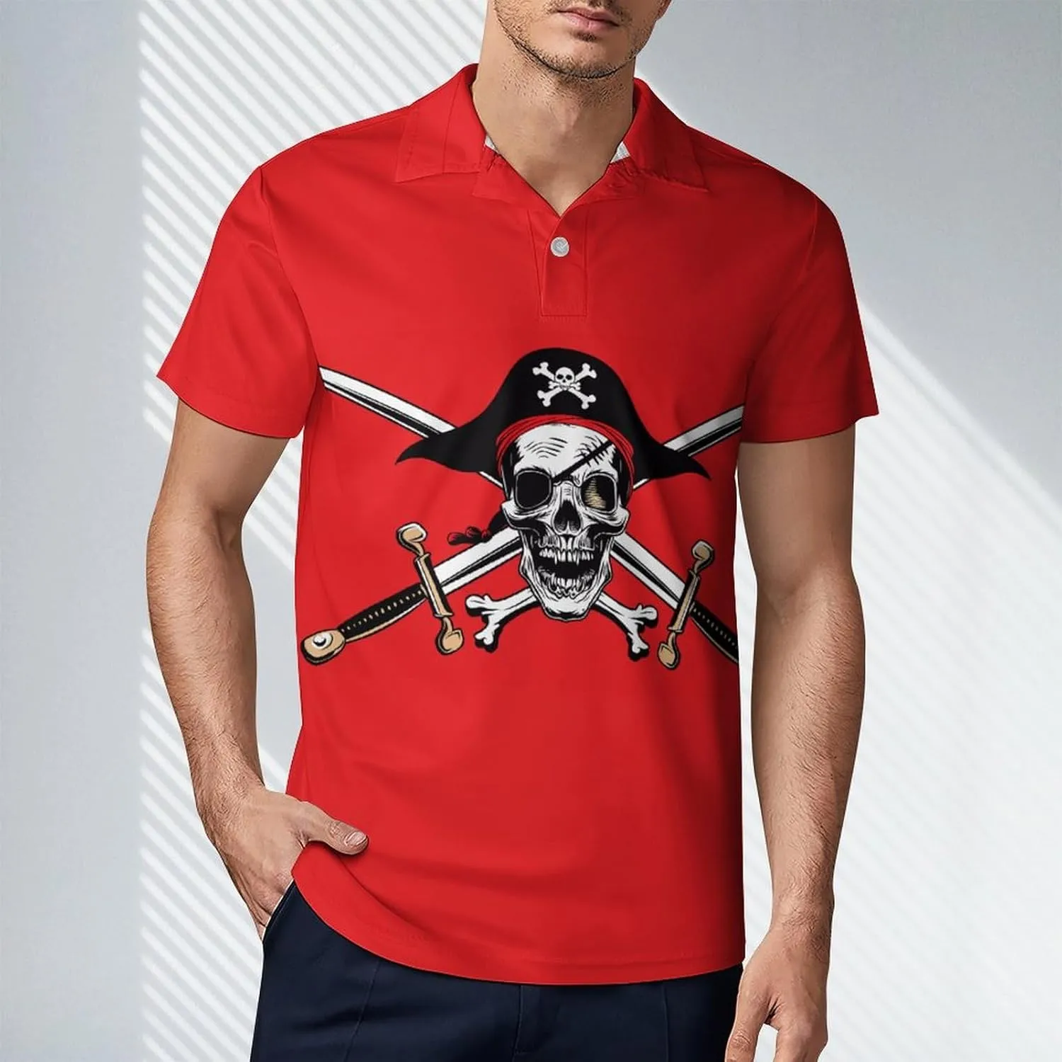 Crimson Pirate Flag Men's Polo Shirt Short Sleeve Casual Athletic Quick Dry Golf T-Shirts