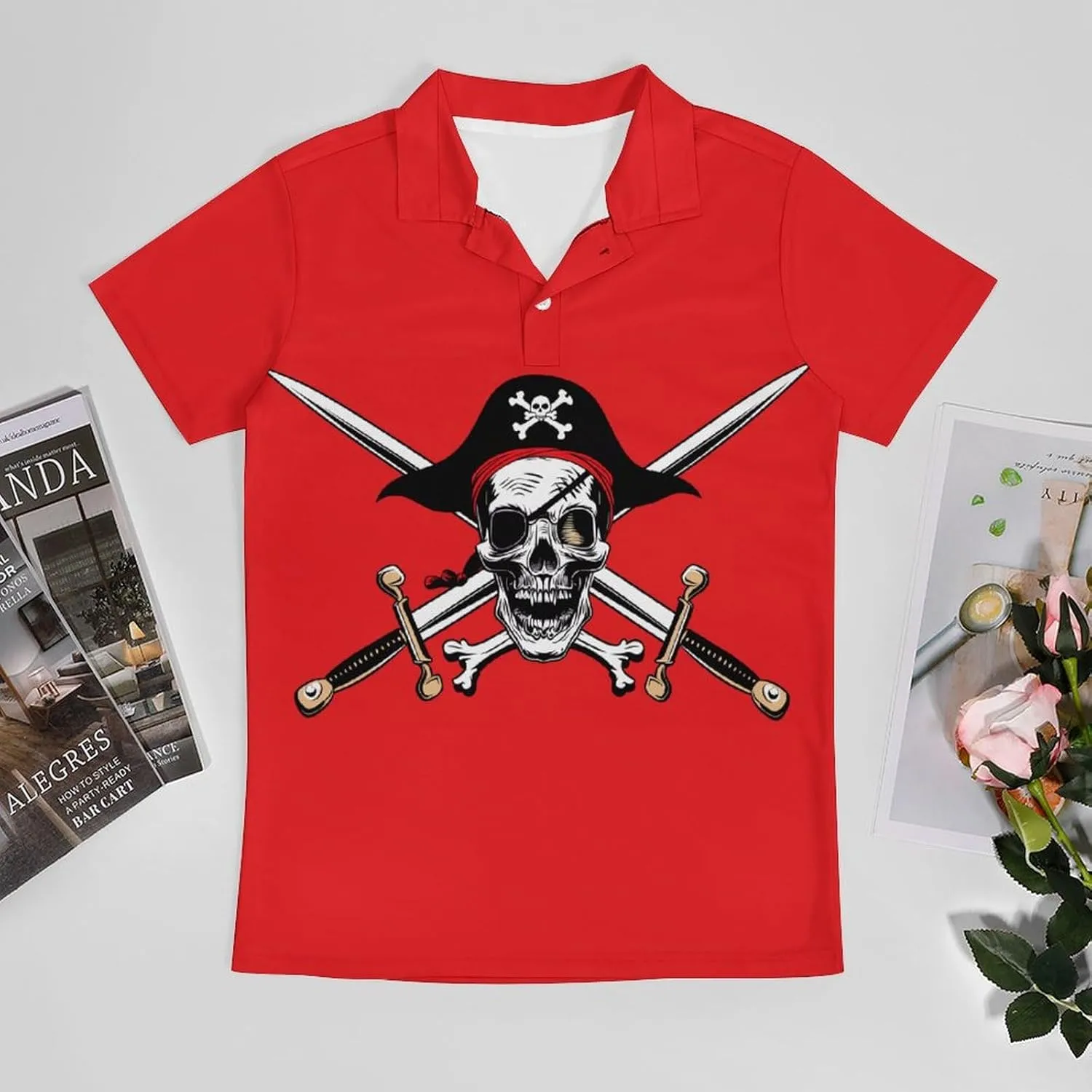 Crimson Pirate Flag Men's Polo Shirt Short Sleeve Casual Athletic Quick Dry Golf T-Shirts