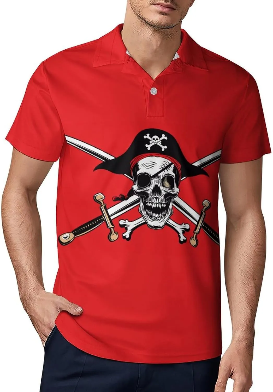 Crimson Pirate Flag Men's Polo Shirt Short Sleeve Casual Athletic Quick Dry Golf T-Shirts