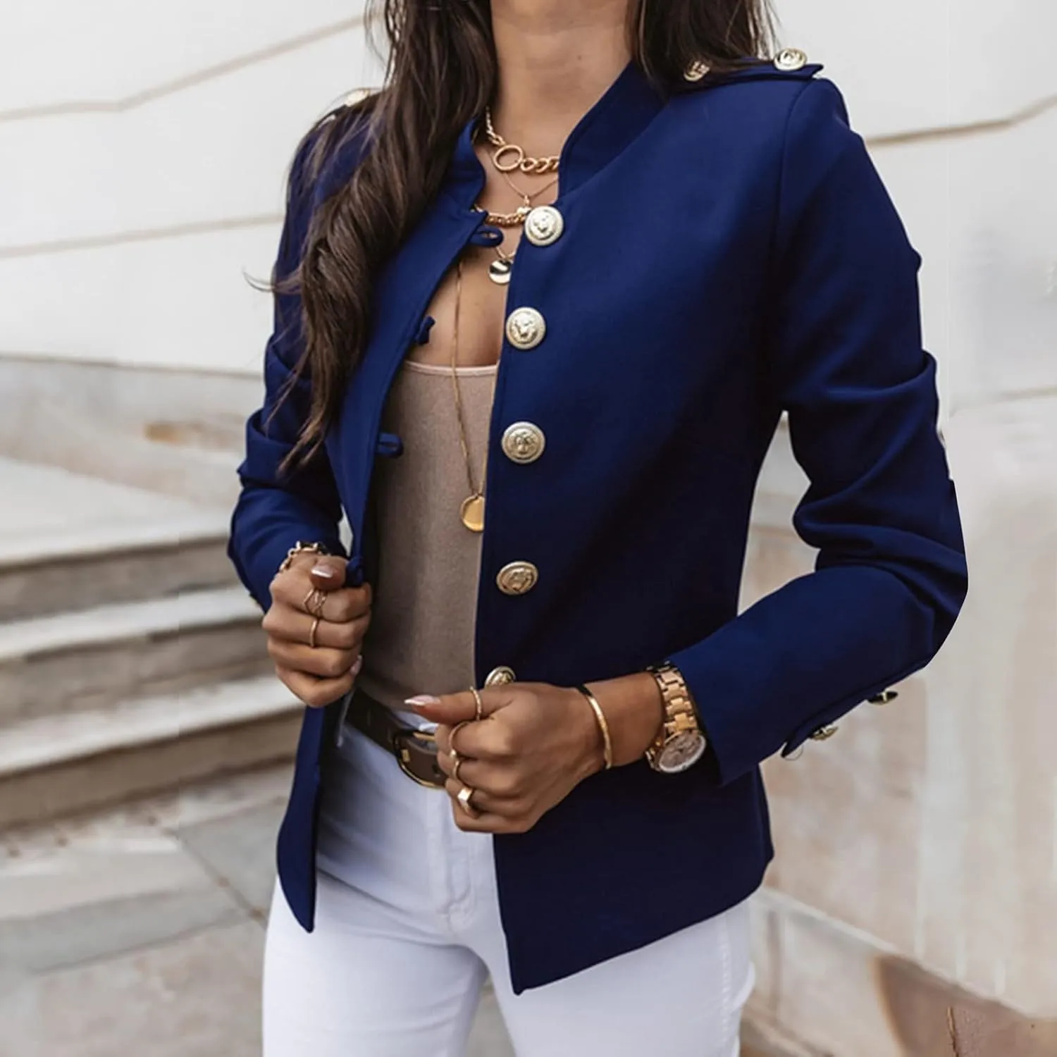 Crop Blazer for Women Mock Neck Button Jacket Open Front Cardigan Blouse Tops Business Casual Suit Coats
