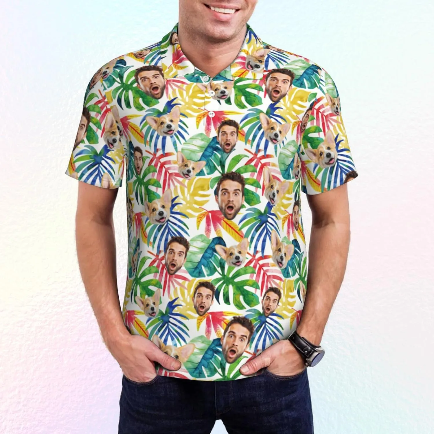 Custom Polo Shirts for Men Funny Face Print Quick Dry Short Sleeve Breathable Shirt