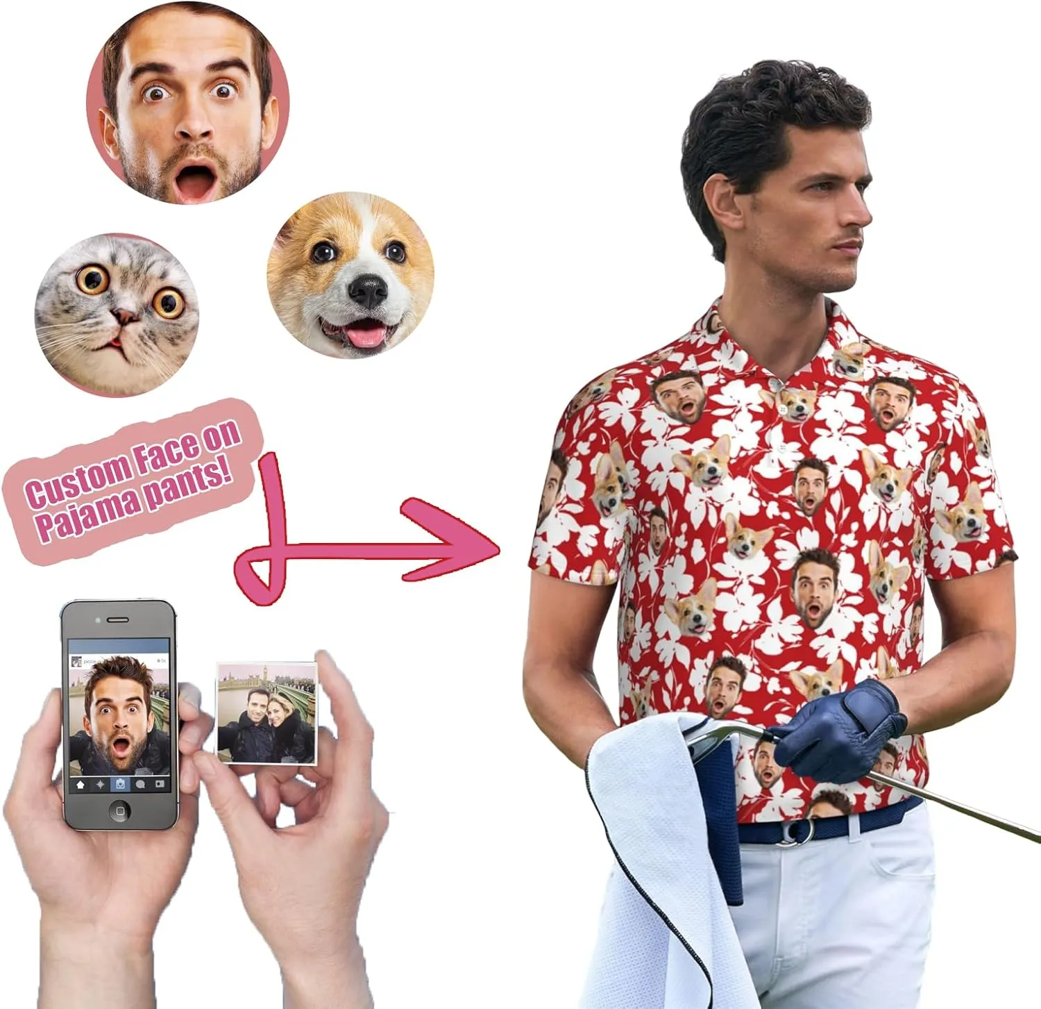 Custom Polo Shirts for Men Funny Face Print Quick Dry Short Sleeve Breathable Shirt