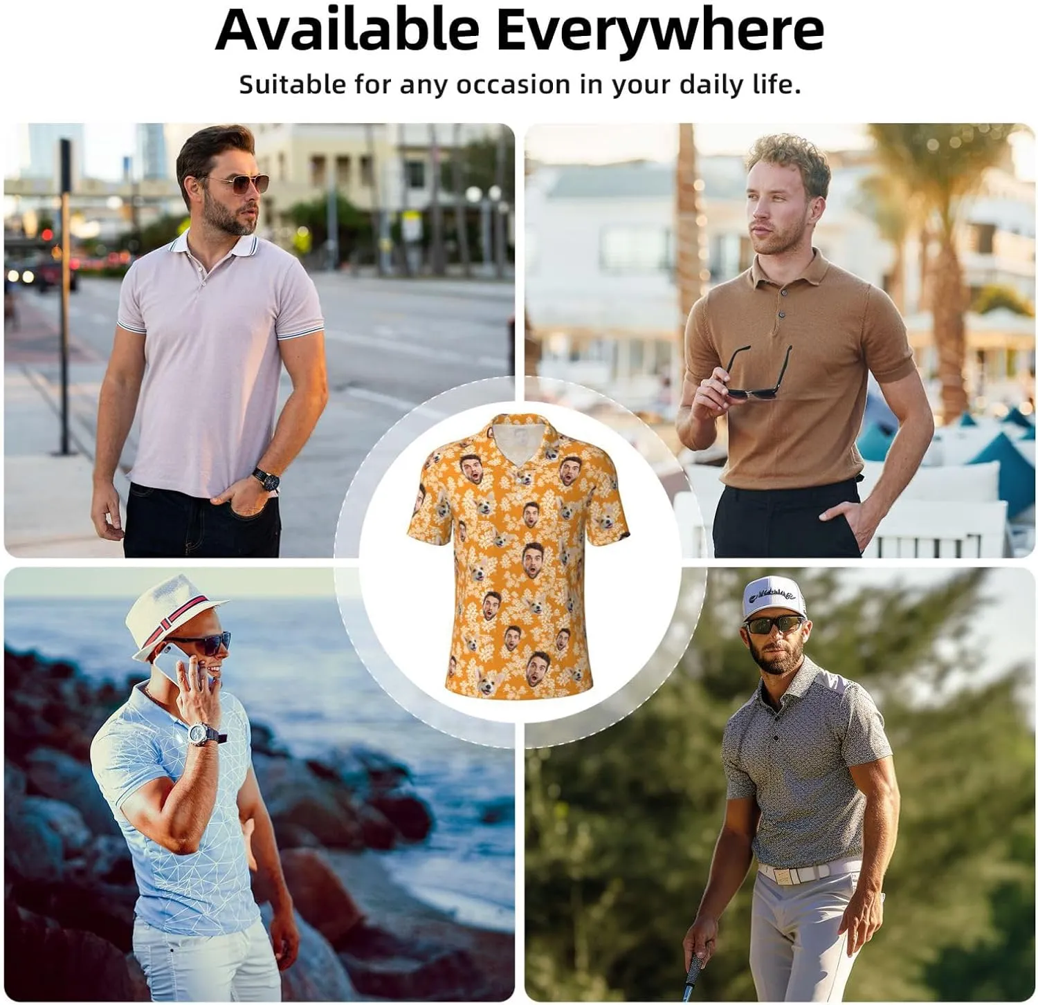 Custom Polo Shirts for Men Funny Face Print Quick Dry Short Sleeve Breathable Shirt