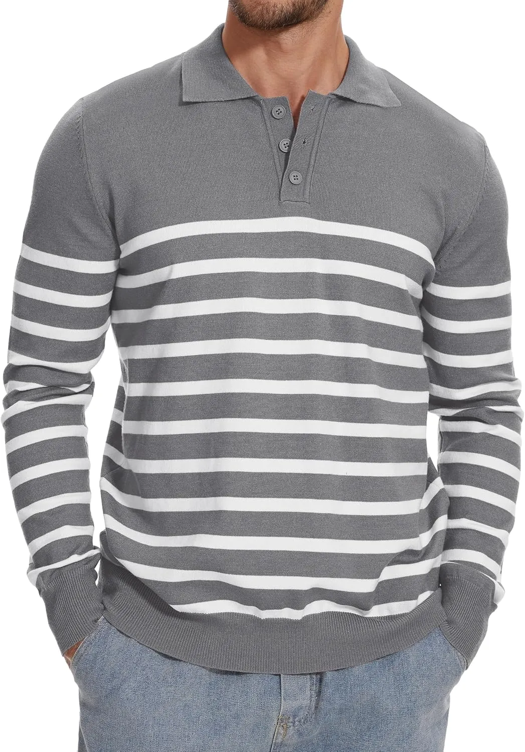 Demoking Striped Sweaters for Men Polo Shirts Long Sleeve Mens Casual Knit Sweater