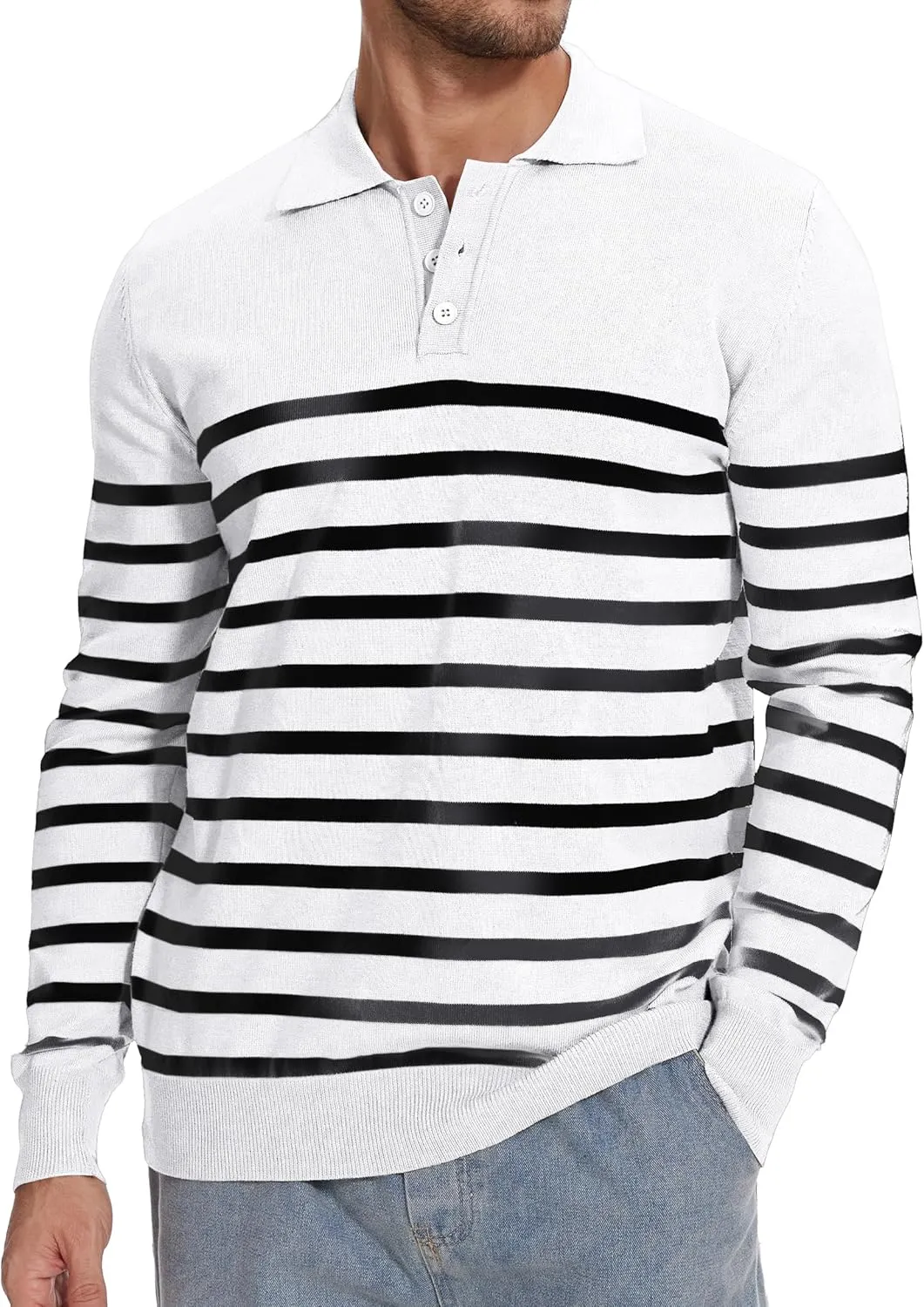 Demoking Striped Sweaters for Men Polo Shirts Long Sleeve Mens Casual Knit Sweater