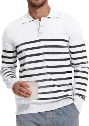 Demoking Striped Sweaters for Men Polo Shirts Long Sleeve Mens Casual Knit Sweater