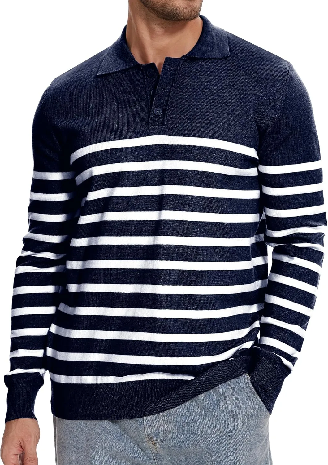 Demoking Striped Sweaters for Men Polo Shirts Long Sleeve Mens Casual Knit Sweater